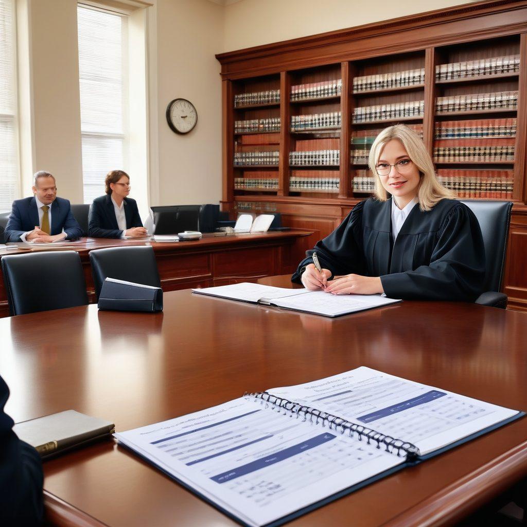 A knowledgeable and friendly lawyer sitting at a large conference table, with legal books and a laptop open, reviewing judicial calendars. In the background, a calendar with marked court dates, and a warm ambiance filled with law-themed decor like scales of justice and a gavel. A mix of diverse individuals in discussion, embodying collaboration in law. super-realistic. vibrant colors. modern office setting.
