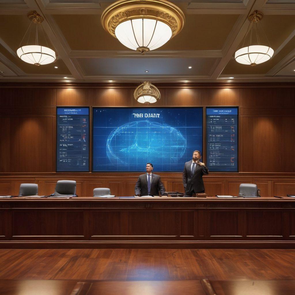 A stylized calendar with various judicial symbols like gavel and scales of justice integrated into the dates, with a person in business attire looking confidently forward, surrounded by digital screens displaying court appointment schedules. The background features a modern courtroom setting with vibrant colors and dynamic lighting to signify urgency and preparedness. super-realistic. vibrant colors. 3D.