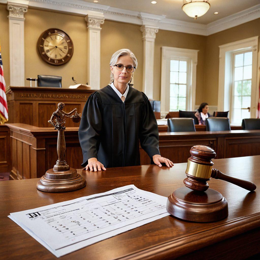 A courtroom setting with a judge's gavel, a calendar marked with court dates, and a person holding a legal brief. In the background, subtle elements such as a clock ticking and a stack of legal documents to represent the passage of time and importance of organization. The lighting should be warm and inviting to make the scene approachable. vibrant colors. 3D.